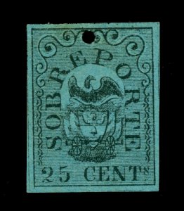 COLOMBIA 1866  Postage Due - EAGLE  25c blk,blue Sc# J1  specimen (punched hole)