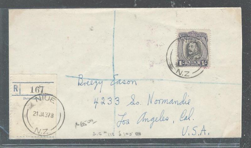 NIUE (P2708B) 1937 KEG 1/- REG SINGLE FRANK TO USA