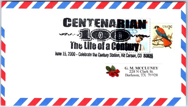 US SPECIAL EVENT COVER POSTMARK CENTENARIAN 100 AT KIT CARSON COLORADO 2000 T2