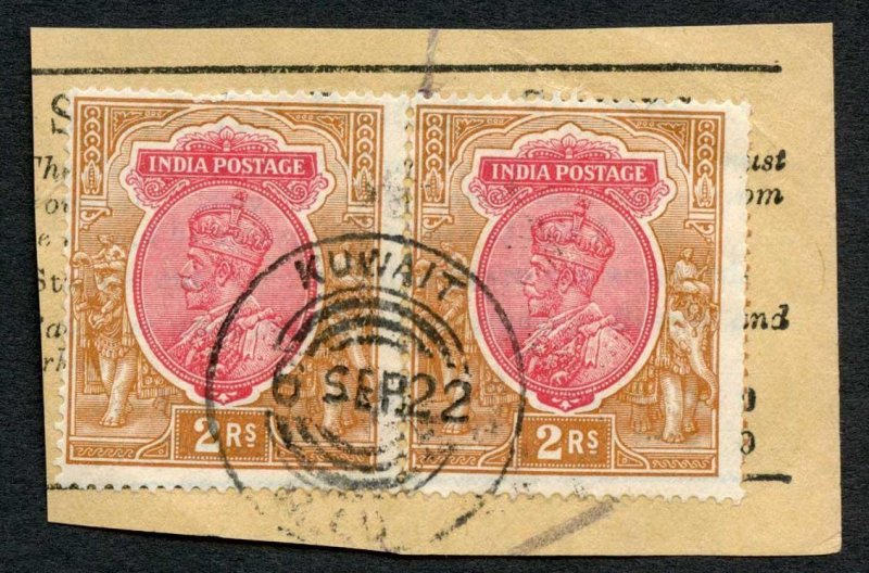 Kuwait SGZ12 India 2r Pair and 8a with Kuwait Telegraph Cancel on piece 