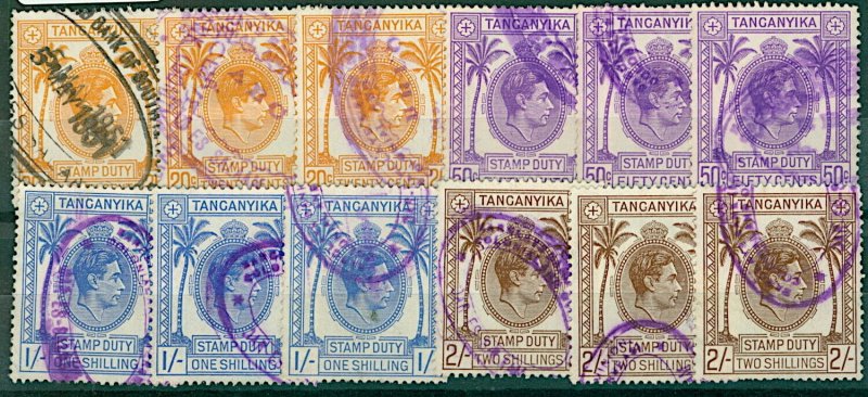 KUT KGVI range of Key Type Stamp Duty revenues 20c 50c 1/- and 2/- (12v) Stamps