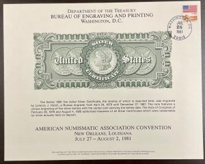 BEP B54 Souvenir Card ANA ‘81  $5.00 Silver Certificate Canceled
