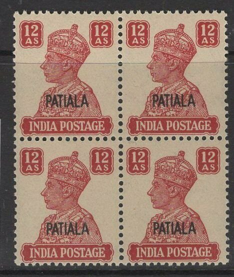 INDIA-PATIALA SG115 1945 12a LAKE MNH BLOCK OF 4