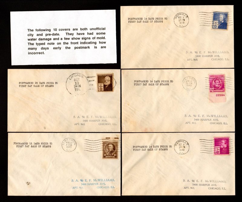 FDC: #861/893 (10) FAMOUS Americans - Group of PRE-DATE Covers - Some Faults