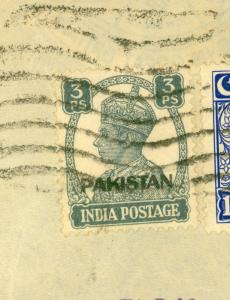 PAKISTAN 1948 KGVI 3p x2 PROVISIONAL HANDSTAMPS Sc 1 + Sc 20,23 Cover to USA