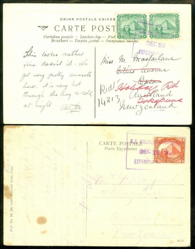 EDW1949SELL : EGYPT 1914 & 1915 Picture Post cards to NZ with Scarce Expedition.