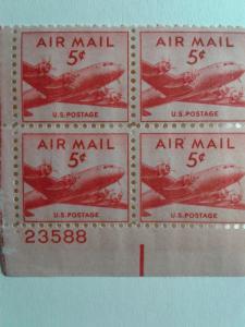 SCOTT # C 33 FIVE CENT AIRMAIL PLATE BLOCK MINT NEVER HINGED GEM