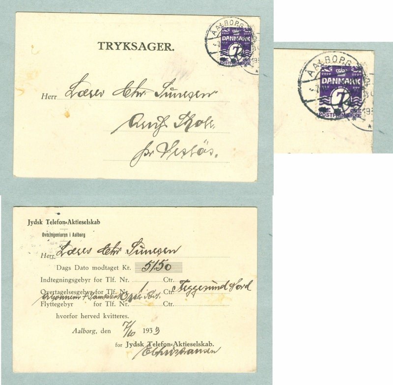 Denmark. Stationery. 1933.With 7 Ore Stamp. Phone Company Receipt. Canc: Aalborg