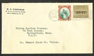 GUATEMALA #294 & RA12 STAMPS TO SPRINGFIELD MASSACHUSETTS COVER 1939