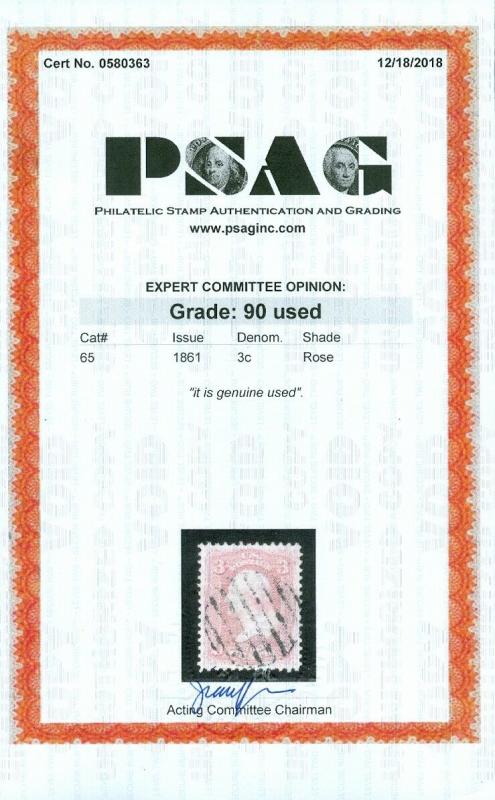 EDW1949SELL : USA 1861 Sc #65 Choice XF Used stamp PSAG Cert Graded 90 SMQI $95