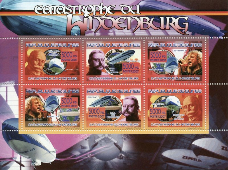 Guinea Aviation Stamps 2007 MNH Hindenburg Disaster Airships Zeppelins 6v M/S