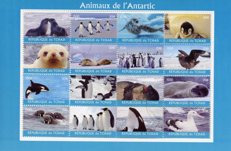 Chad Stamps 2018 CTO Animals of Antarctica Penguins Birds Seals Whales 16v M/S