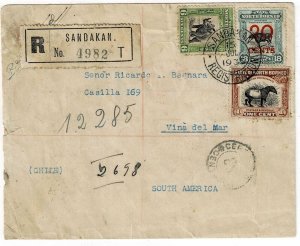 North Borneo 1935 Sandakan cancel on registered cover to CHILE