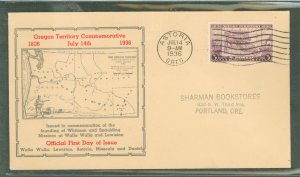 US 783 1936 3c Oregon Territory - 100th anniversary (single) on an addressed first day cover with an unknown cachet.