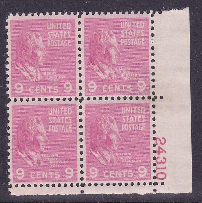 United States 1938 'Prexies' Plate Number Block of Four. 9c W. H. Harrison VF/NH