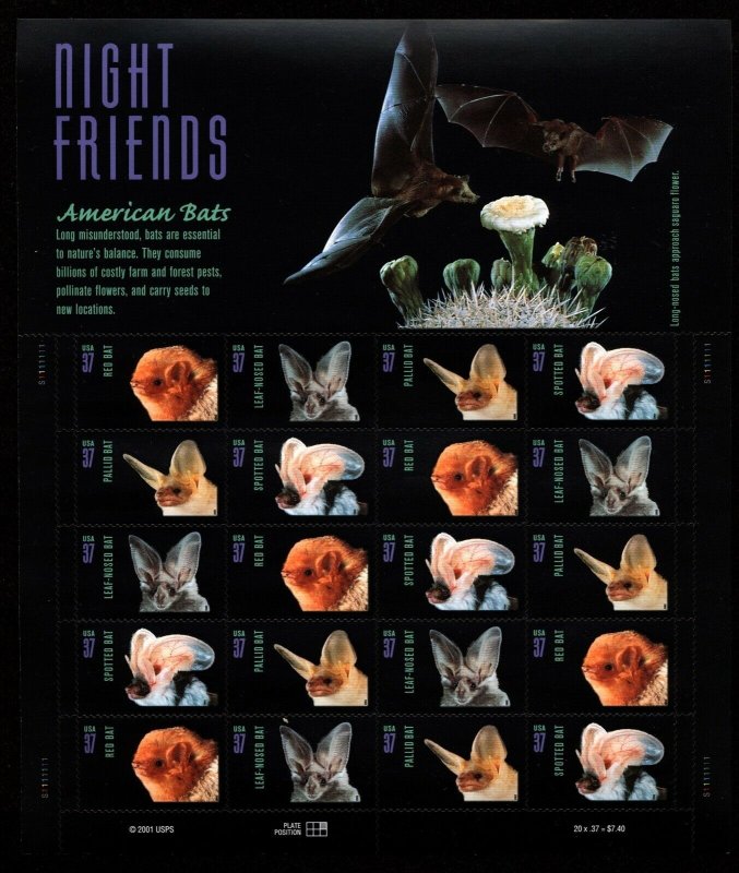 US Scott 3661-3664 American Bats  Nght Friends Pane of 20 Mint 