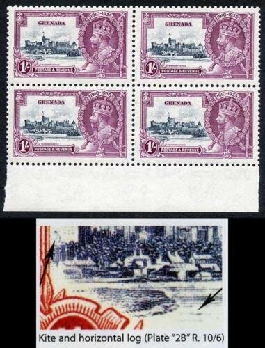 Grenada SG148l 1935 Silver Jubilee 1/- with Kite and Horizontal Line Block 4 ...