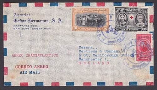 COSTA RICA 1946 cover to UK - Red Cross $1 Florence Nightingale / Edith Cavell..