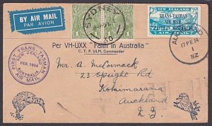 NEW ZEALAND AUSTRALIA 1934 Capt Ulm flight cover - 7d Trans Tasman.........a3044