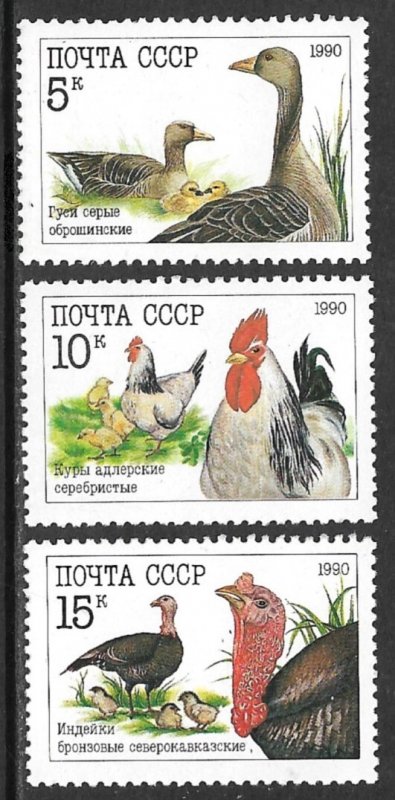 RUSSIA USSR 1990 Poultry FARM ANIMALS Birds Set Sc 5909-5911 MNH