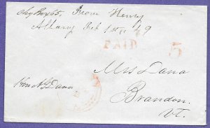 ALBANY, N.Y - BRANDON, VT. 1849  STAMPLESS COVER, NO CONTENT, US POSTAL HISTORY.