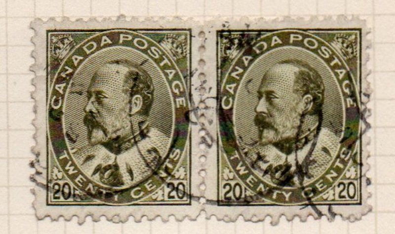 Canada Sc 94 1904 20c olive green E VII stamp pair used nice circular canceel