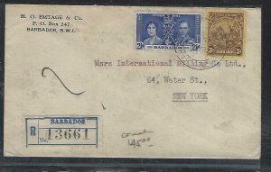 BARBADOS (PP2708B)  SEA HORSE 1937  3D+ KGVI CORONATION 2 1/2D REG TO USA 