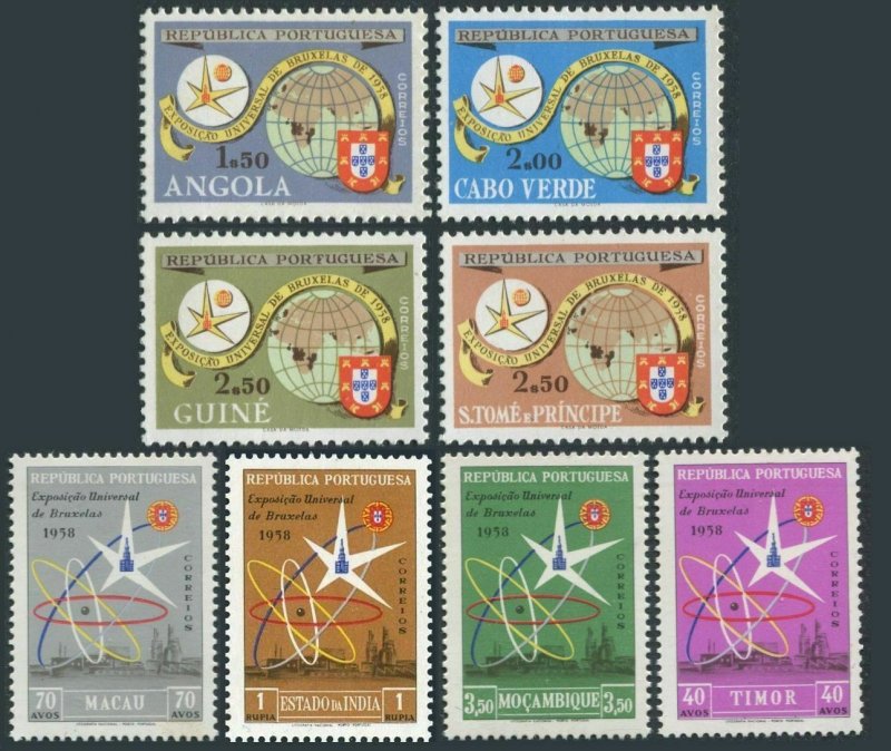 Portuguese Colonies collection of 8 stamps EXPO Brussels-1958.Angola to Timor.