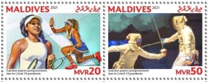 MALDIVES 2021 - STRIP 2v - OLYMPIC GAMES TOKYO 2020 PANDEMIC TENNIS FENCING MNH