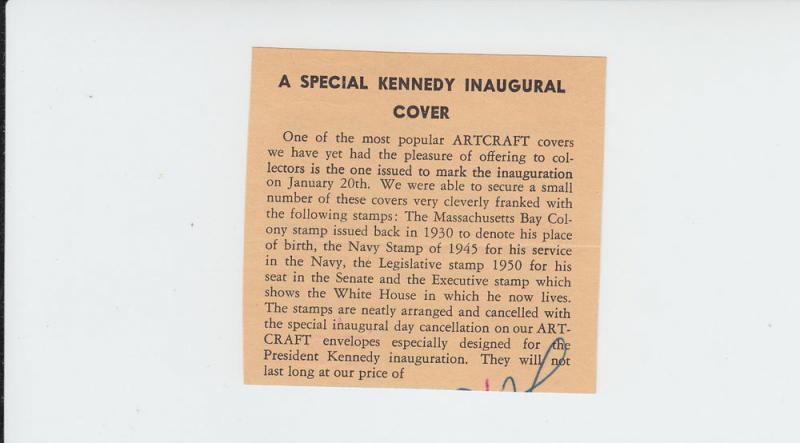 1961 John Kennedy Inaug Combo Artcraft