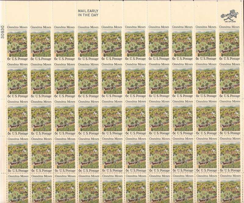 US Stamp - 1969 Grandma Moses - 50 Stamp Sheet - Scott #1370
