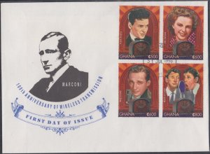 GHANA Sc # 1906-9 FDC SET 4 STAMPS ENTERTAINERS, 100th ANN WIRELESS, MARCONI