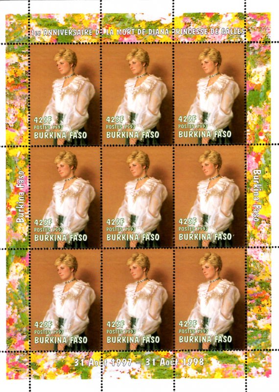 Burkina Faso 1997 Princess Diana Royal Family 1vx9 Mint Full Sheet. (L-159)