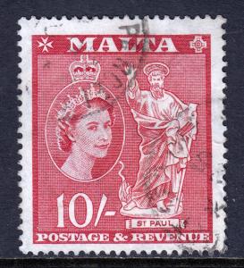 MALTA — SCOTT 261 (SG 281) — 1956 QEII 10/- ST. PAUL PICTORIAL— USED —SCV $14.00