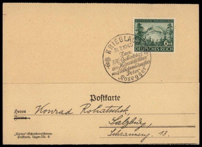 Germany 1943 Austria Krieglach Styrian Poet Peter Rosegger 100th Birthday G65859