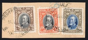 Southern Rhodesia 1931-7 SG 19 25/6 4d 2s and 2s6d VFU on piece c 50 pounds