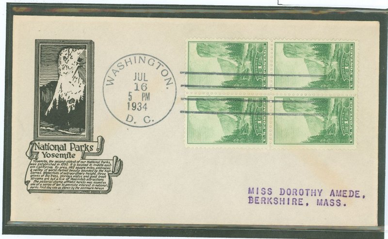 US 740 1934 1ct Yosemite (part of the Nat'l Park series) block of fouron an addressed first day cover with an Anderson c...