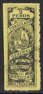 Uruguay 1894 Revenue FRANCE Consulate 2P Black on Yellow Fine Used Very Scarce-