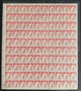 1930 U.S. Postage Due Sheet MNH OG – 3¢ Carmine – Full Sheet of 100 – Scott J91