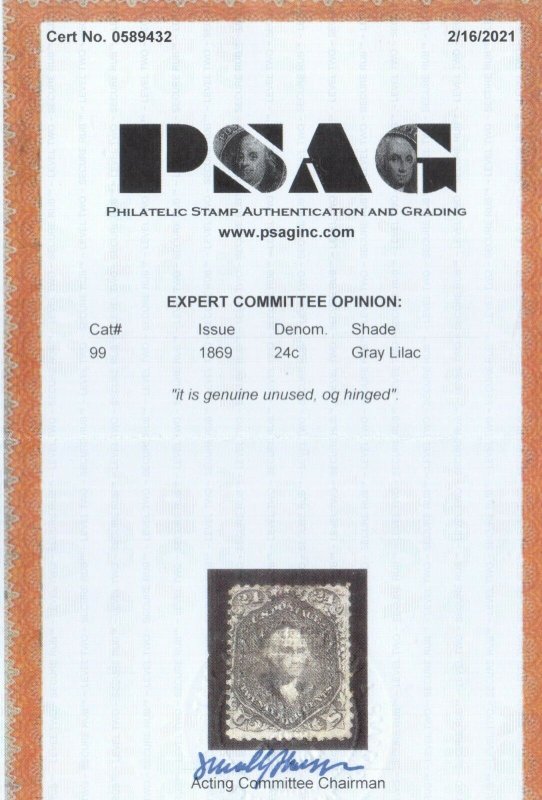 USA #99 Mint Fine F Grill Full Original Gum Hinged **With Certificate**