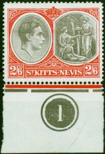 St Kitts Nevis 1943 2s6d Black & Scarlet SG76a P.14 Chalk V.F MNH Plate Marginal