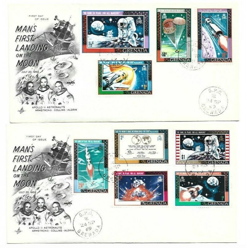 Grenada 1969 Sc# 328-36 Apollo 11 on two ArtCraft monarch size  FDCs