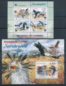 [110686] Uganda 2012 Birds v�gel Secretarybird WWF with souvenir sheet MNH