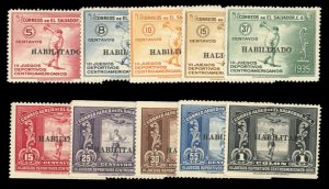 Salvador #543-547, C41-45 Cat$71.45, 1935 Overprints, complete set, Airpost w...