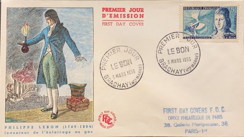 P) 1955 FRANCE, PHILIPPE LEBON, GASLIGHTING STAMP, FDC, FRENCH INVENTORS, XF