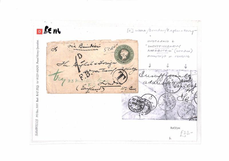 BE116 1901 INDIA Underpaid Postal Stationery GB London via Brindisi 