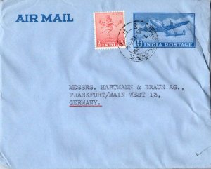 India 2a Nataraja and 12a Airplane 1954 India Air Letter Airmail to Frankfurt...