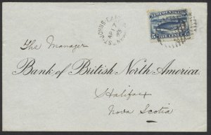 1893 Union Bank of Newfoundland Cover, #54 5c Seal, St John's East to Halifax NS