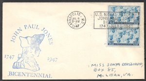 USA 1947 JOHN PAUL JONES Bicentennial Event Cover Annapolis Slogan Cxl Sc 935