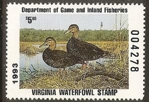 US-State-Virginia   6 MNH 1993 $5 Waterfowl Hunting Stamp